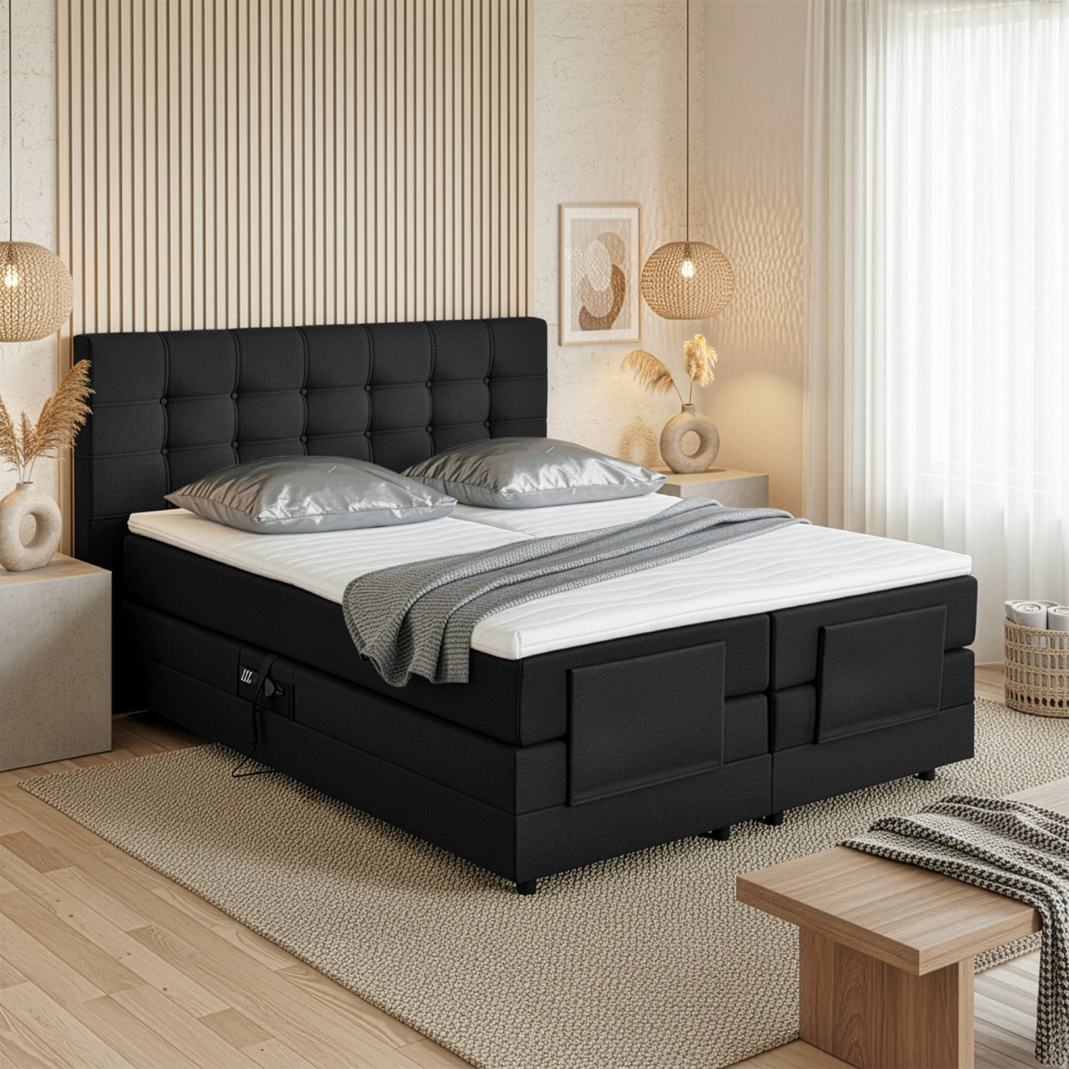 ACTIE Elektrische boxspring Delux 160 x 220 - Stof Zwart | Medium Matras tot 120 kg + Hoof