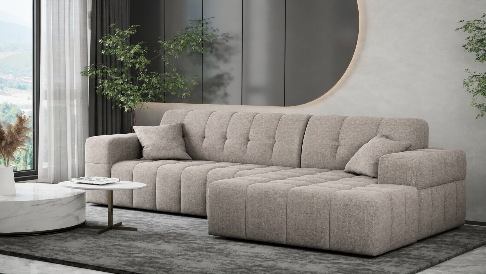 ACTIE Loungebank Belfast - Chenille Taupe | 3 Zits - Rechtse uitvoering