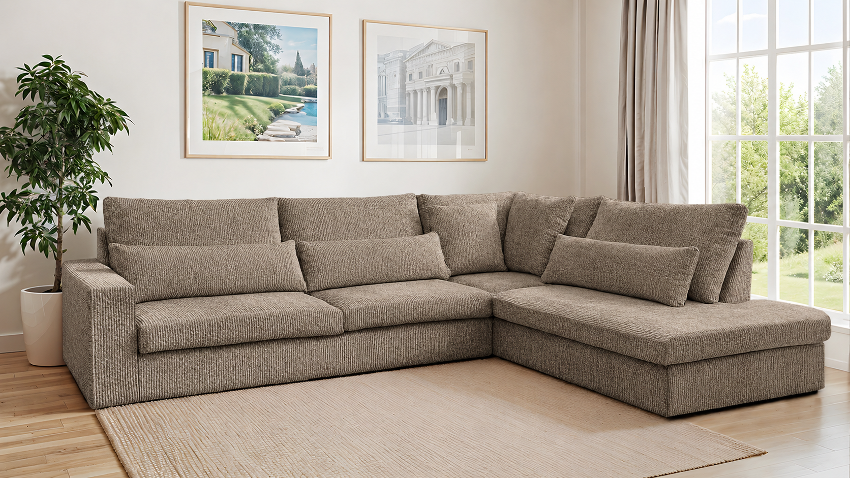 ACTIE Loungebank Santos - Chenille Taupe | 3 Zits - Rechtse uitvoering