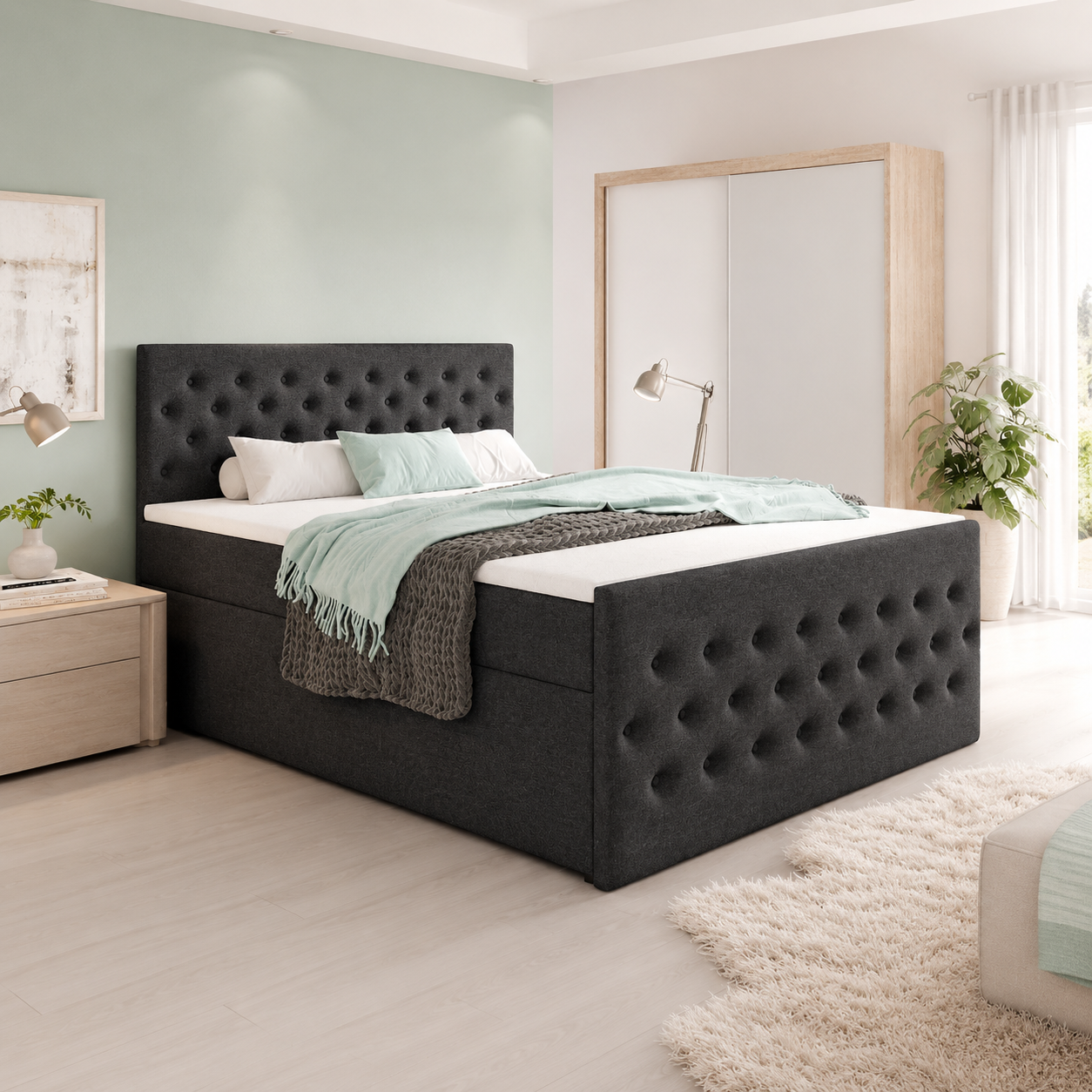 ACTIE Opbergboxspring 160 x 220 - Antraciet | GRATIS TOPPER - Hoofdbord + Voetbord met Knopen - Extra lange maat