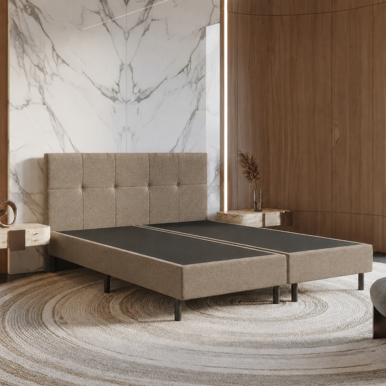 ACTIEDEAL Boxspring 200 x 200 - stof Donker Beige | Incl. Hoofdbord Austin (Stik Groot) - Zonder Matras