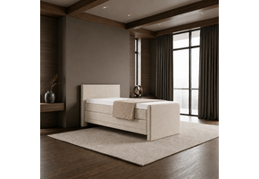 ACTIEDEAL Elektrische Boxspring Delux - 90 x 200 Stof Beige | GRATIS TOPPER - incl. Voetbord Glad + 1x Medium pocketvering matras