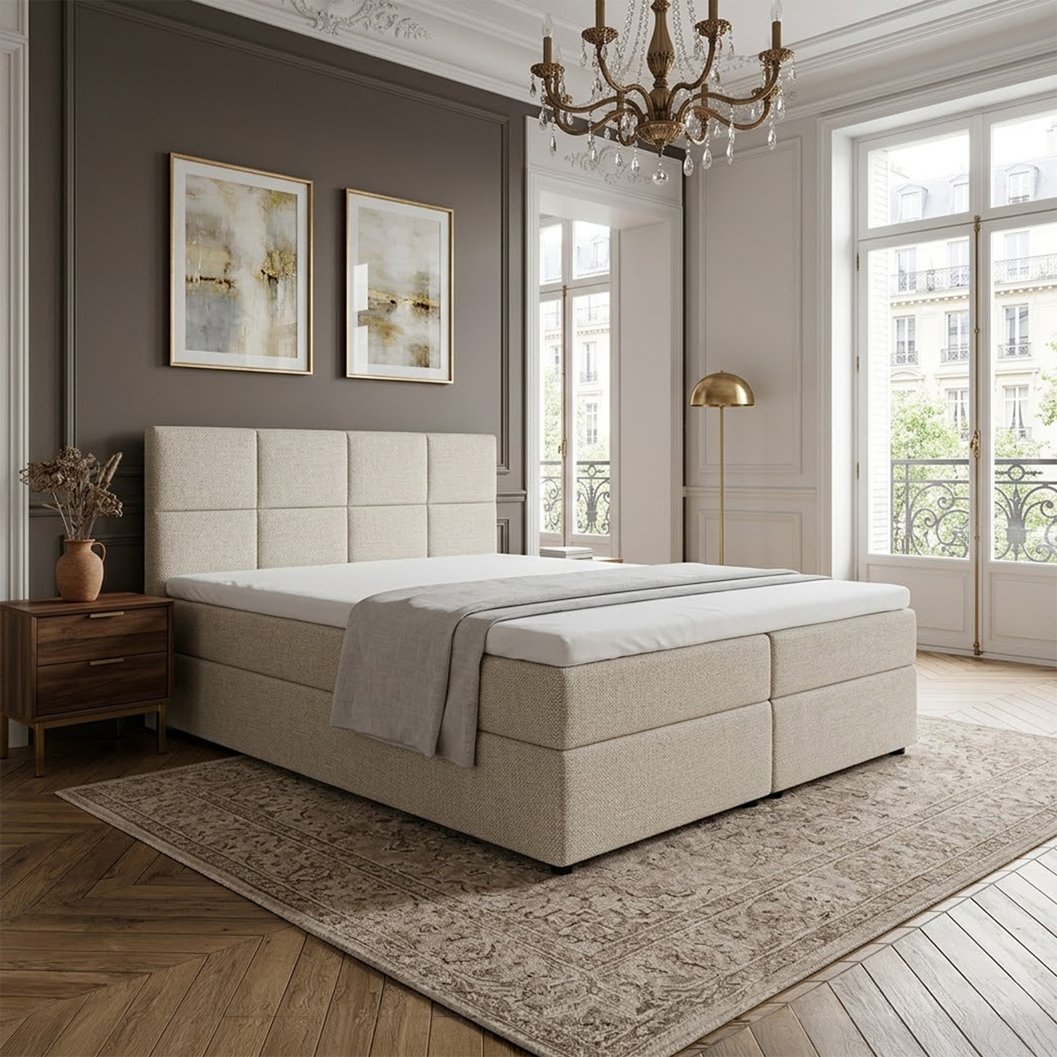 RETOURDEAL Opbergboxspring 200 x 200 - Velvet Beige | Hoofdbord Levi - 1x pootje afgebroke