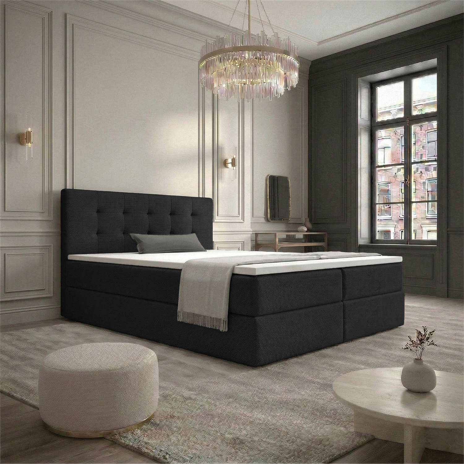 RETOURDEAL Opbergboxspring 180 x 200 - Stof Zwart | Hoofdbord Bloss (Niet in originele ver