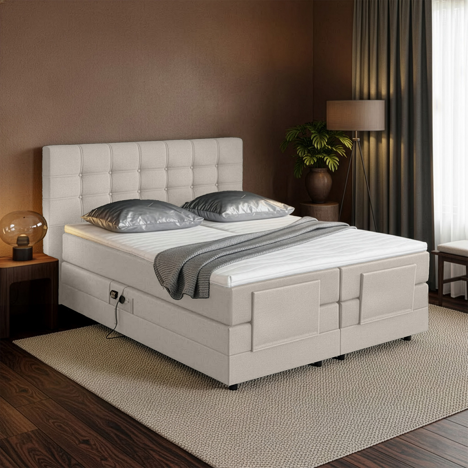 RETOURDEAL Elektrische boxspring 160 x 200 - Stof Beige | Hoofdbord King (vieze vlekken) (