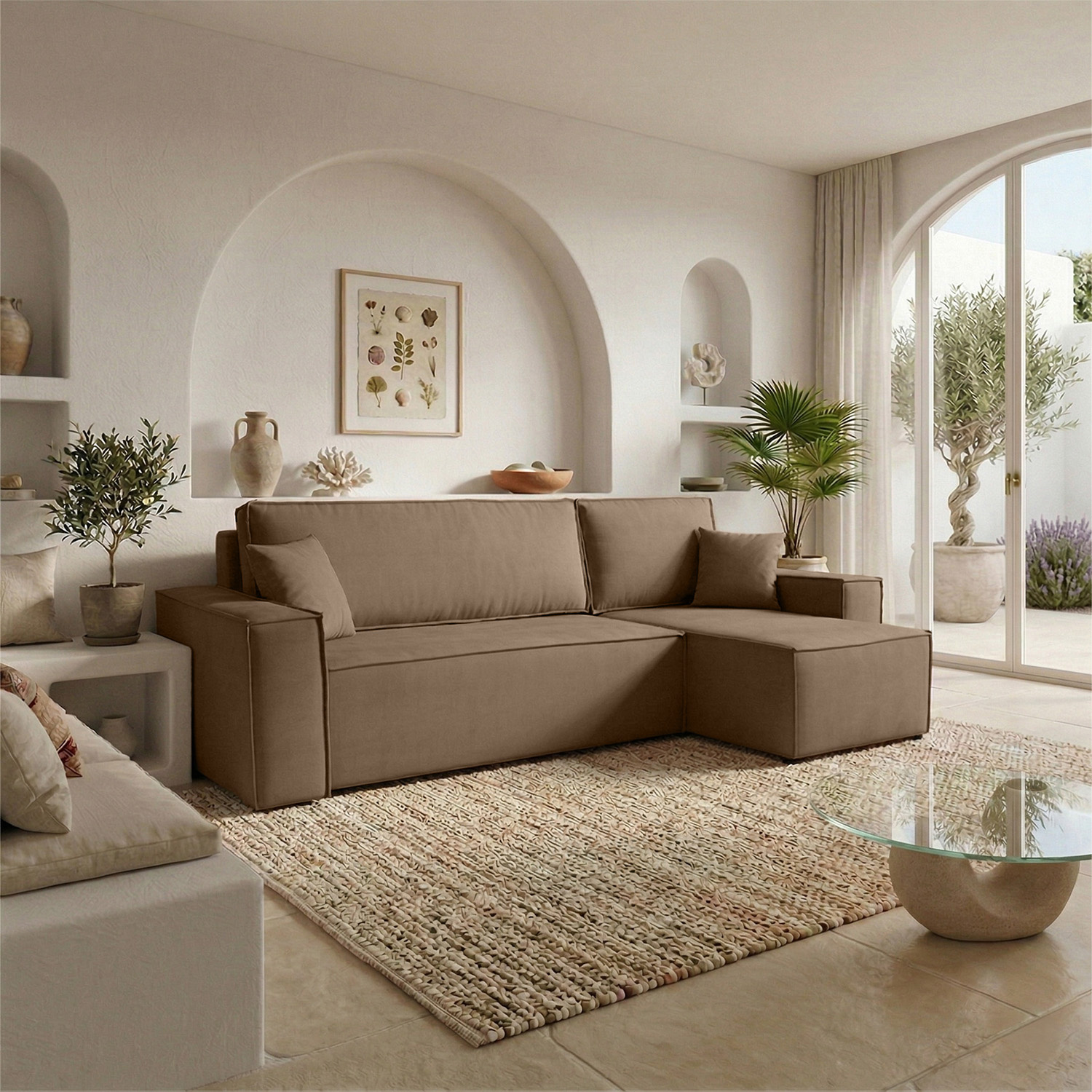 RETOURDEAL Hoekbank Velvet Beige - Slaapbank met opbergruimte - Karlo L| Loungegedeelte stofschade (Niet in originele verpakking + Stofschade aanwezig)