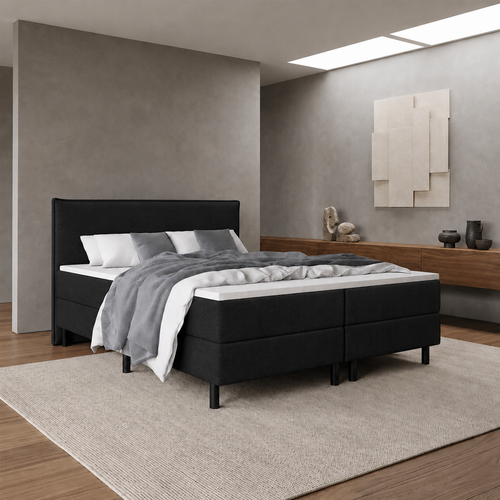 ACTIEDEAL Vaste Boxspring Houston 180 x 200 Stof Zwart | GRATIS TOPPER Incl. Pocketvering Stevig