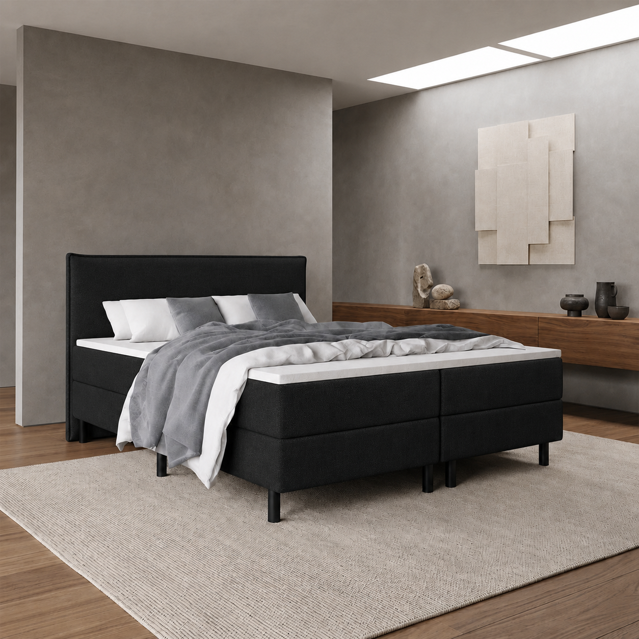 ACTIEDEAL Vaste Boxspring Houston 180 x 200 Stof Zwart | GRATIS TOPPER Incl. Pocketvering 