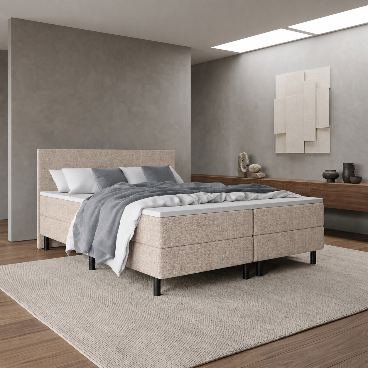 ACTIEDEAL Boxspring 200 x 200 - Stof Beige | Hoofdbord Glad + GRATIS TOPPER