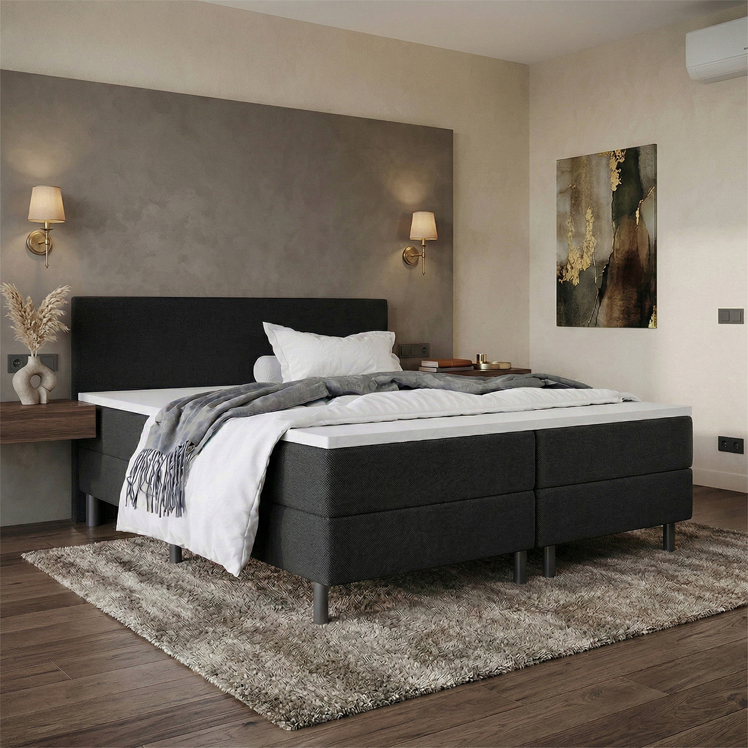 ACTIEDEAL Boxspring 160 x 220 - Stof Zwart | Hoofdbord Glad