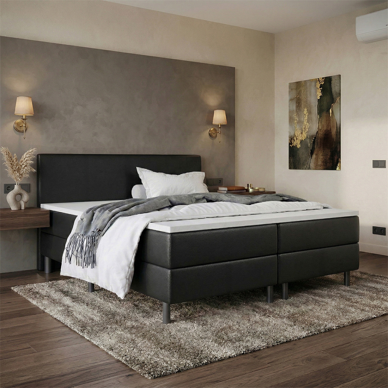ACTIEDEAL Boxspring 180 x 210 - Skaileer Zwart | Hoofdbord Glad - 2x Medium Pocketvering