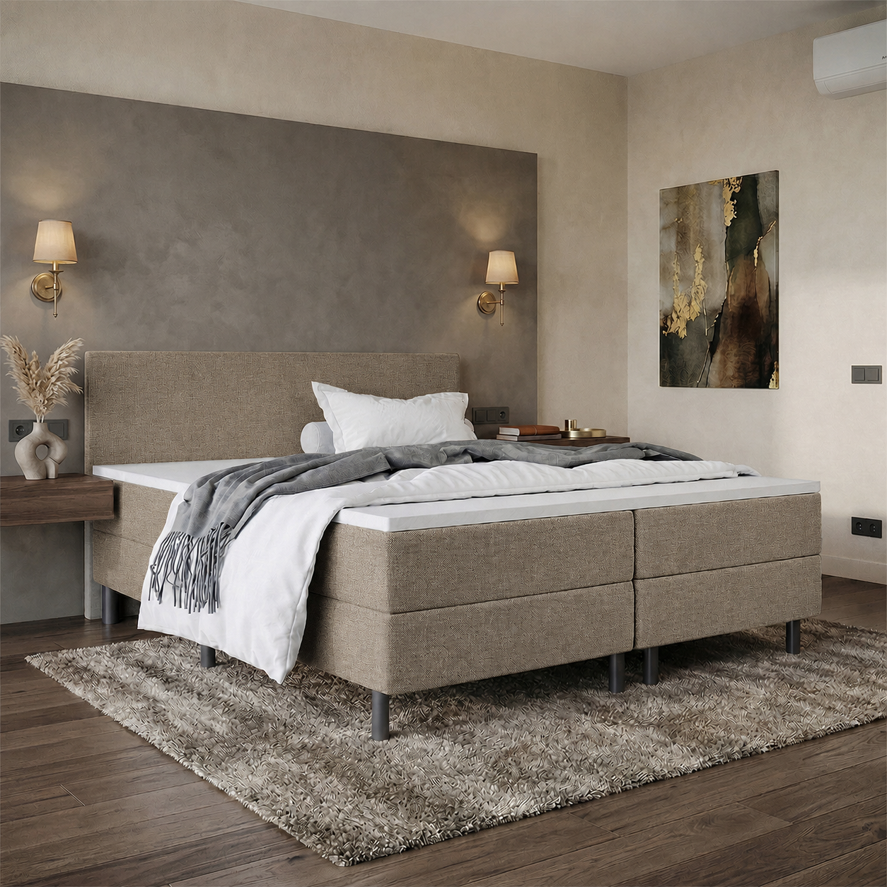 ACTIEDEAL Boxspring Basic Vast 180 x 220 Donkerbeige | GRATIS TOPPER - Incl. Groot medium pocketvering 500 veren m2 matras