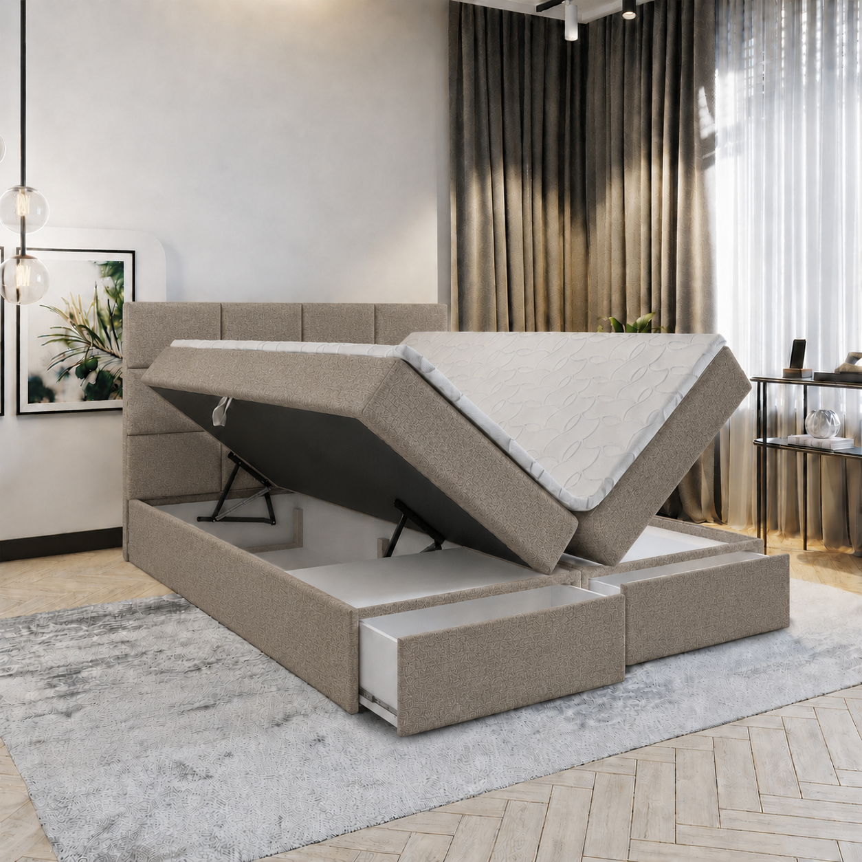 ACTIEDEAL Opbergboxspring met Lade 180 x 210 - Donkerbeige | Hoofdbord Levi + Stevige Pock