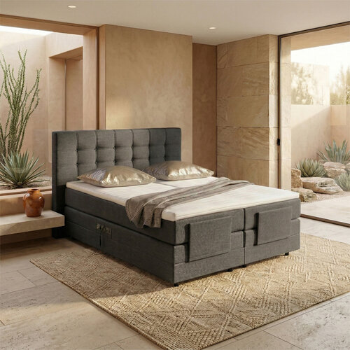 RETOURDEAL Elektrische Boxspring 160 x 200 - stof Antraciet| Hoofdbord King (Niet in originele verpakking (slecht verpakt) + Stofschade aanwezig)