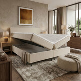 RETOURDEAL OpbergBoxspring 160 x 200 - stof Beige | Schade box (Niet in originele verpakking + Stofschade aanwezig)