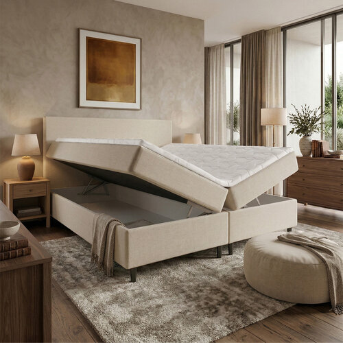 RETOURDEAL OpbergBoxspring 160 x 200 - stof Beige | Schade box (Niet in originele verpakking + Stofschade aanwezig)