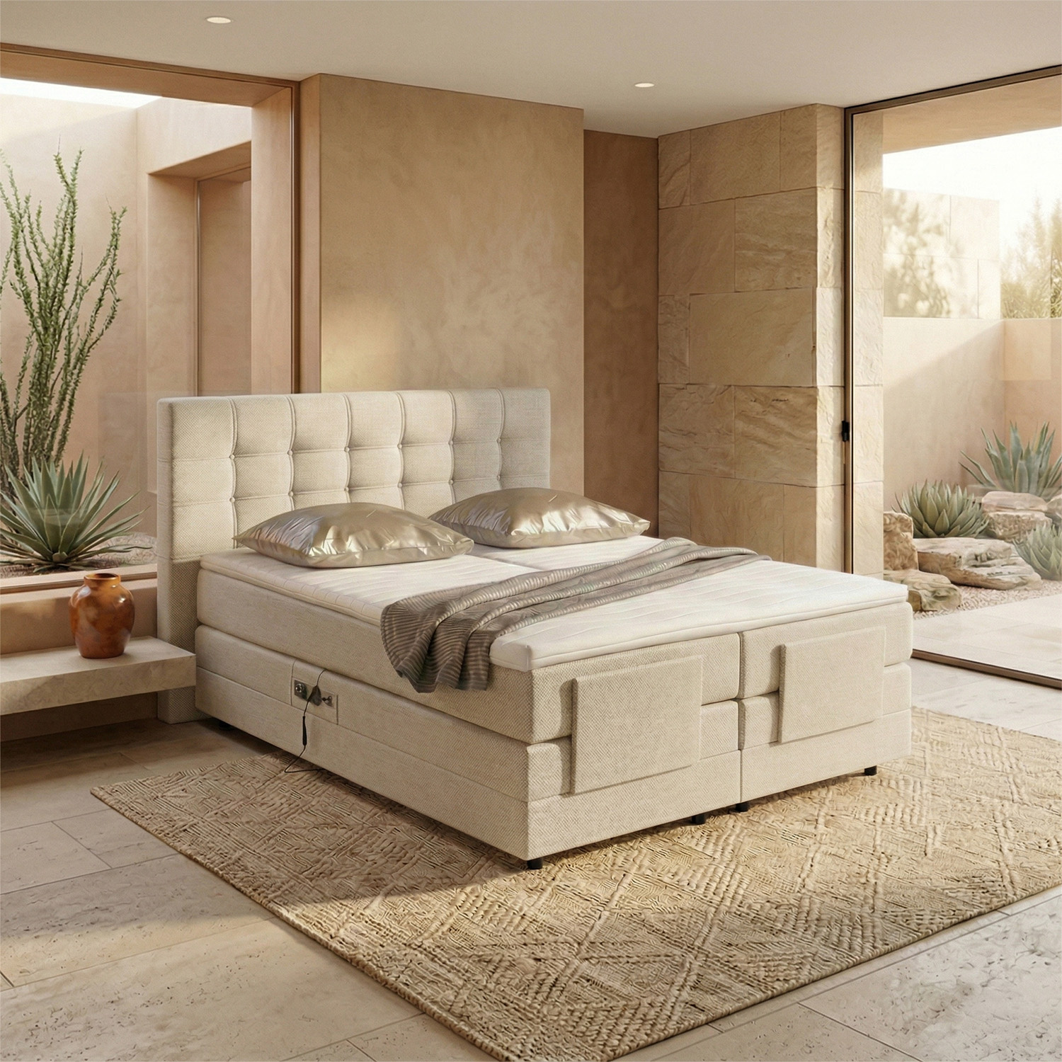 RETOURDEAL Elektrisch Boxspring 160 x 200 Beige | Hoofdbord King (Niet in originele verpakking (slecht verpakt) + Stofschade/vlekken aanwezig)