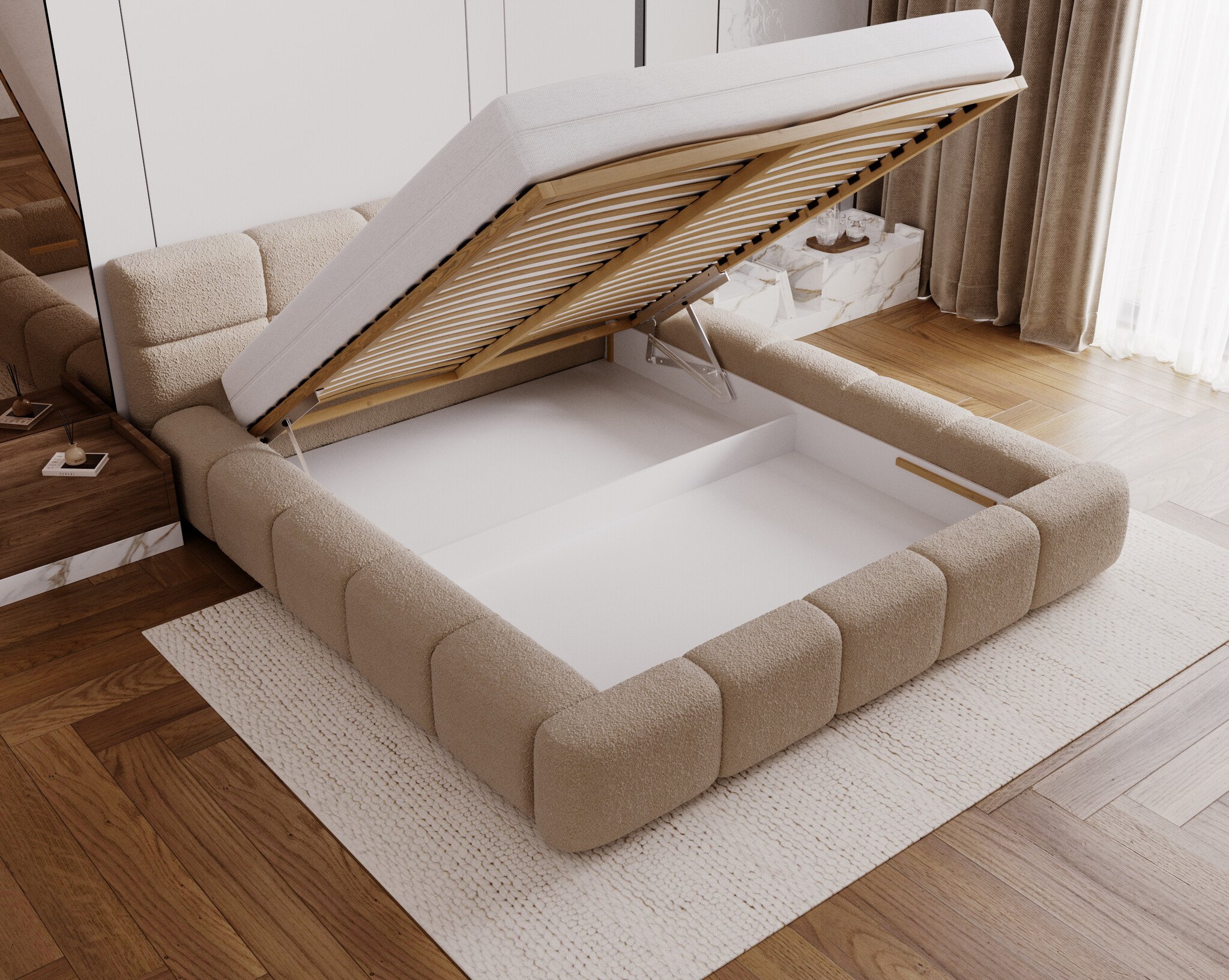 RETOURDEAL Opbergbed 140 x 200 - Stof Beige | Como - Zonder Matras - incl. Gasdrukvering (Niet in originele verpakking + Kans op Stofschade)