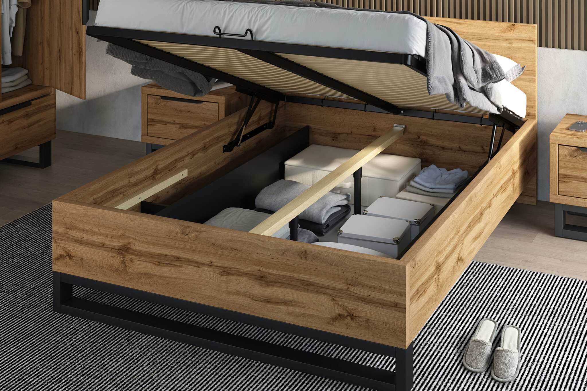 ACTIE Houten Bed met Opbergruimte Halmstad - 180 x 200 - Wotan Eiken | Zonder Matras