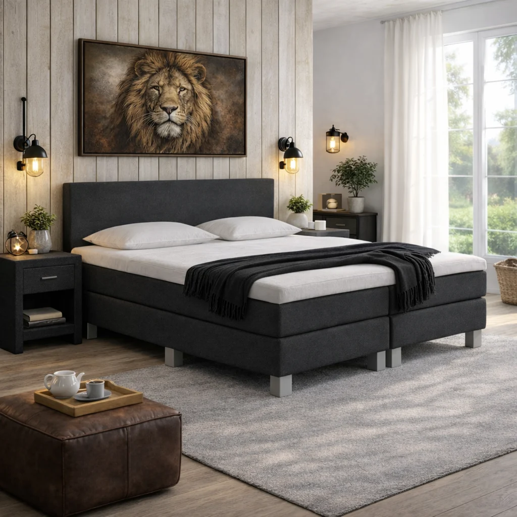 RETOURDEAL Boxspring 180 x 200 - Stof Zwart | Hoofdbord Basic incl. GRATIS topmatras (Niet in originele verpakking + Kans op Schade)