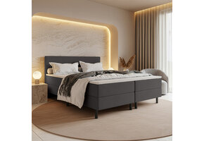 RETOURDEAL Boxspring 160 x 200 - Stof Antraciet | Hoofdbord Basic incl. GRATIS topmatras + Kleurverschil aanwezig (Niet in originele verpakking + Kans op Schade)