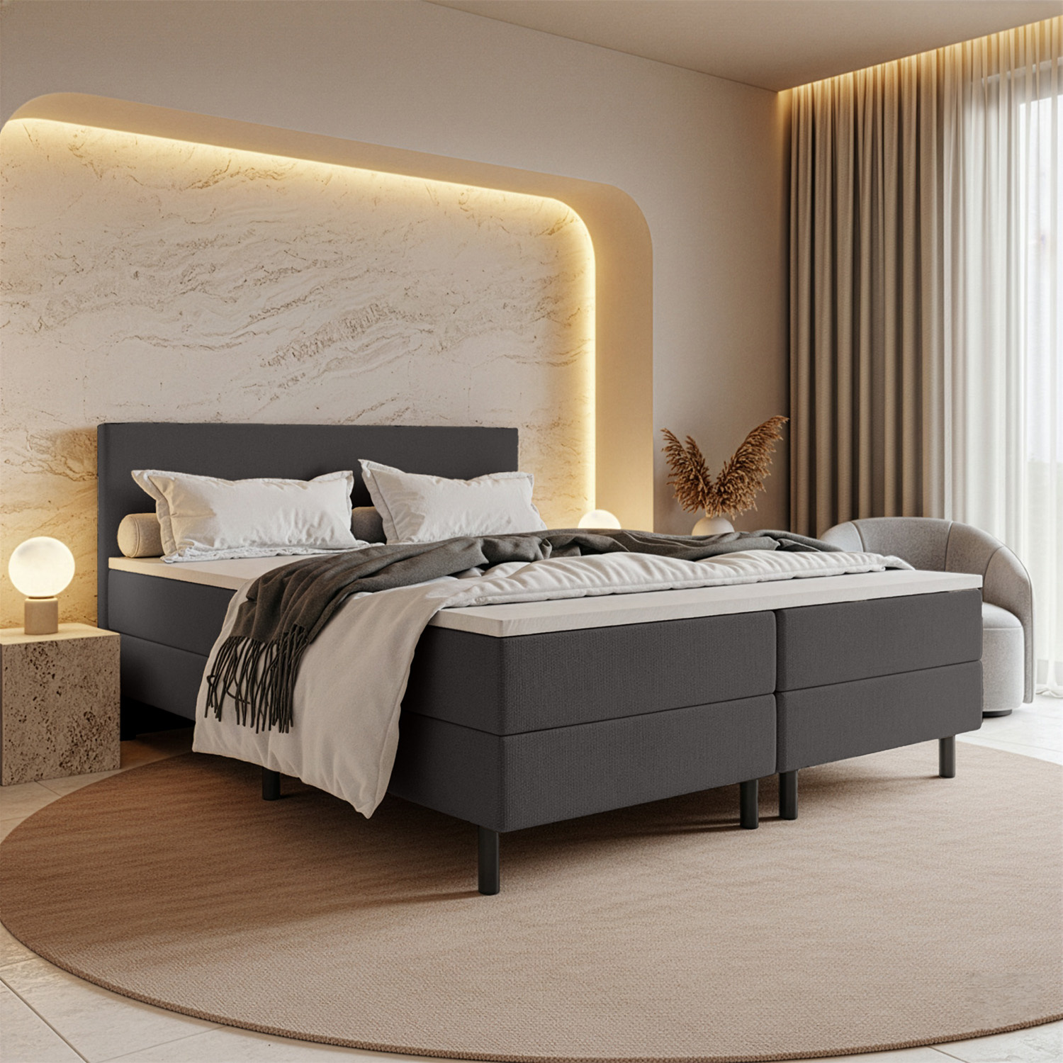 RETOURDEAL Boxspring 160 x 200 - Stof Antraciet | Hoofdbord Basic incl. GRATIS topmatras + Kleurverschil aanwezig (Niet in originele verpakking + Kans op Schade)