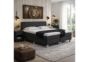 RETOURDEAL Boxspring 90 x 200 - Stof Zwart | Hoofdbord Basic incl. GRATIS topmatras (Niet in originele verpakking + Kans op Schade)