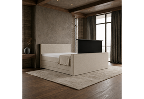 ACTIEDEAL Elektrische boxspring 200 x 210 - Stof Beige | GRATIS TOPPER - Incl. Hoofdbord Glad + 1 x groot matras + Voetbord met TV-lift