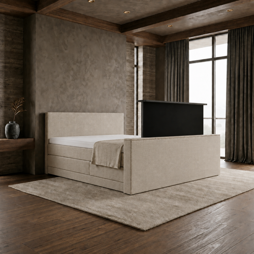 ACTIEDEAL Elektrische boxspring 200 x 210 - Stof Beige | GRATIS TOPPER - Incl. Hoofdbord Glad + 1 x groot matras + Voetbord met TV-lift