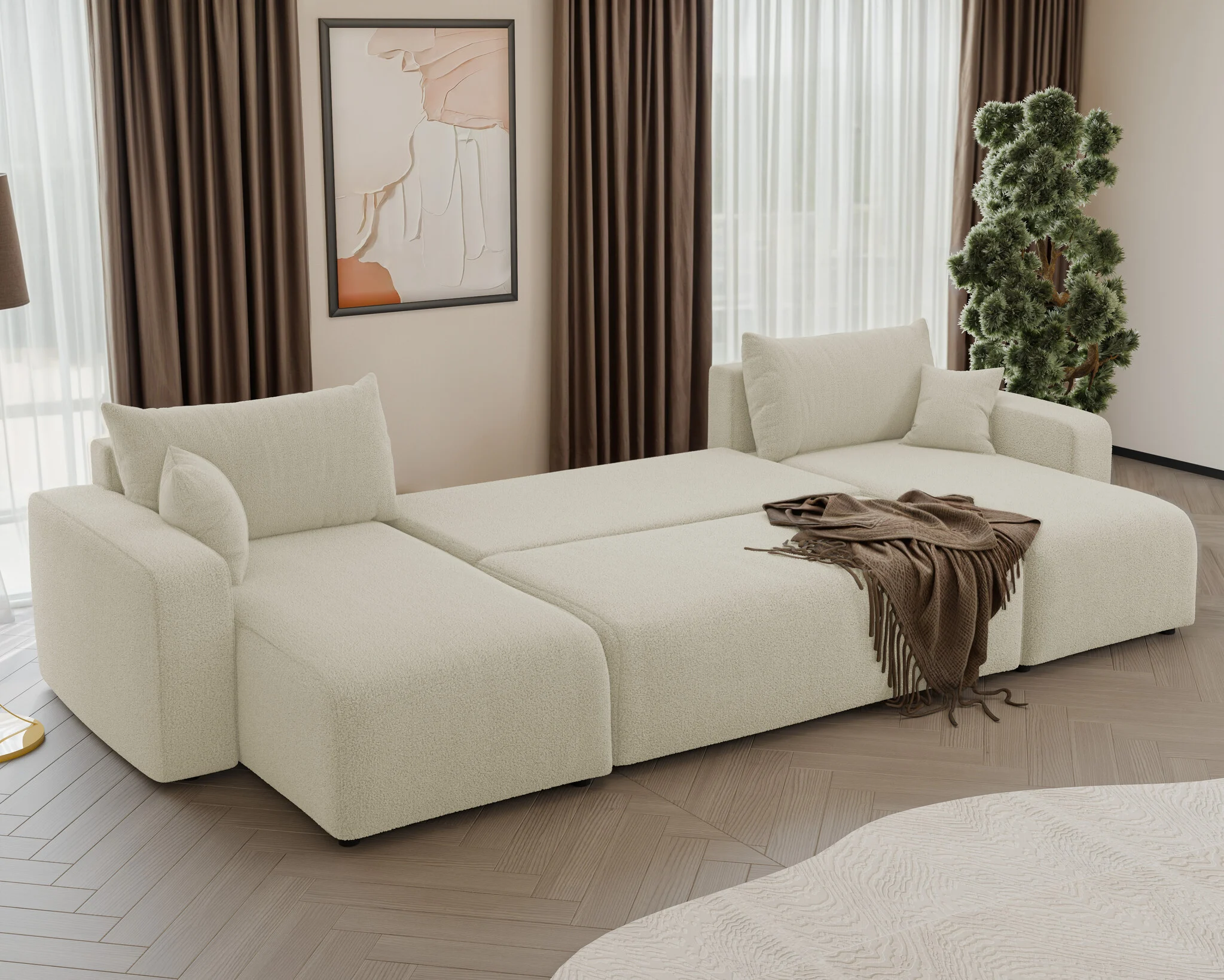 ACTIEDEAL U-bank Ribstof Beige - Slaapbank met opbergruimte - Pim