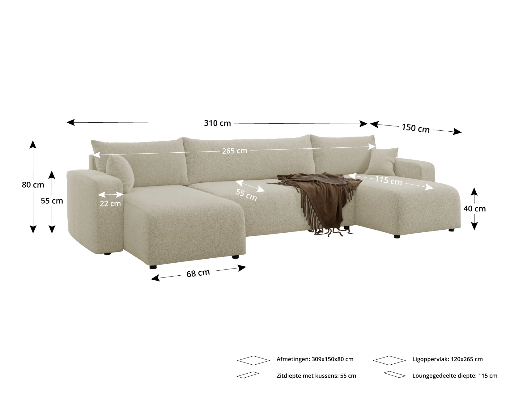 ACTIEDEAL U-bank Ribstof Beige - Slaapbank met opbergruimte - Pim