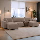 ACTIEDEAL U-bank Ribstof Beige - Slaapbank met opbergruimte - Pim
