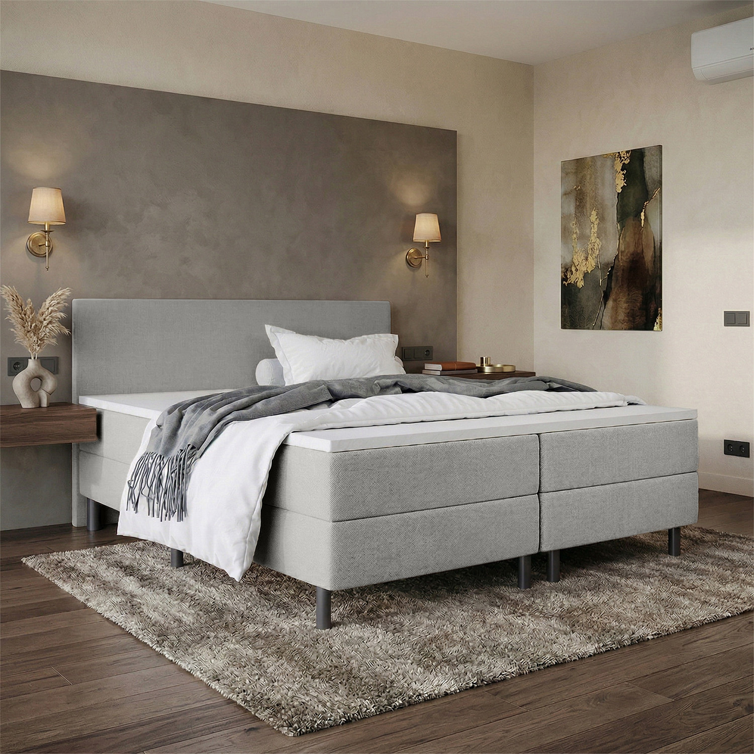 RETOURDEAL Boxspring 140 x 200 - Stof Grijs | Hoofdbord Basic incl. GRATIS topmatras (Niet in originele verpakking + Stofschade aanwezig)