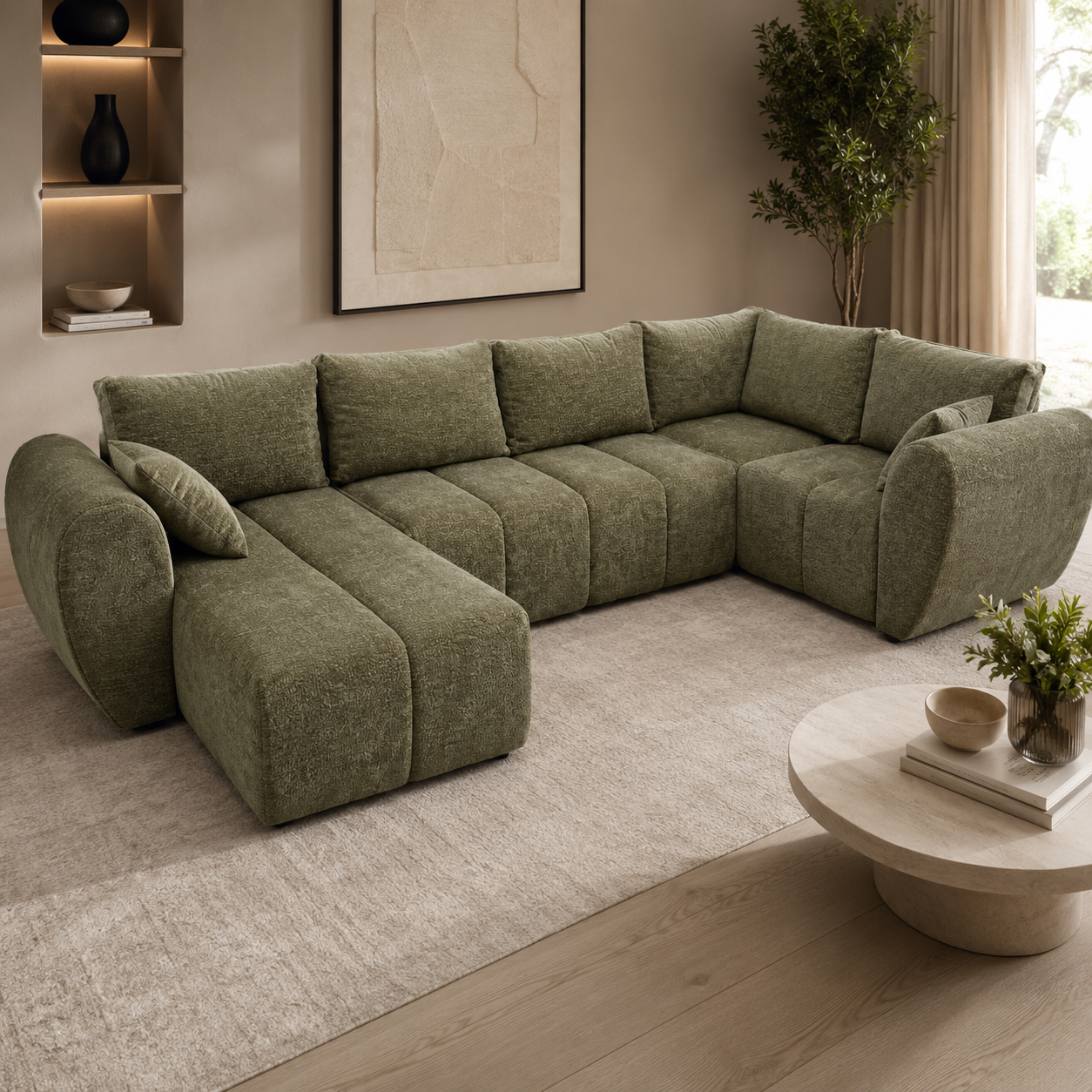 SHOWROOMMODEL U-bank XL Stof Groen - U-Slaapbank XL met opbergruimte - Max (Stevig opnieuw verpakking / Kans op Gebruikssporen)