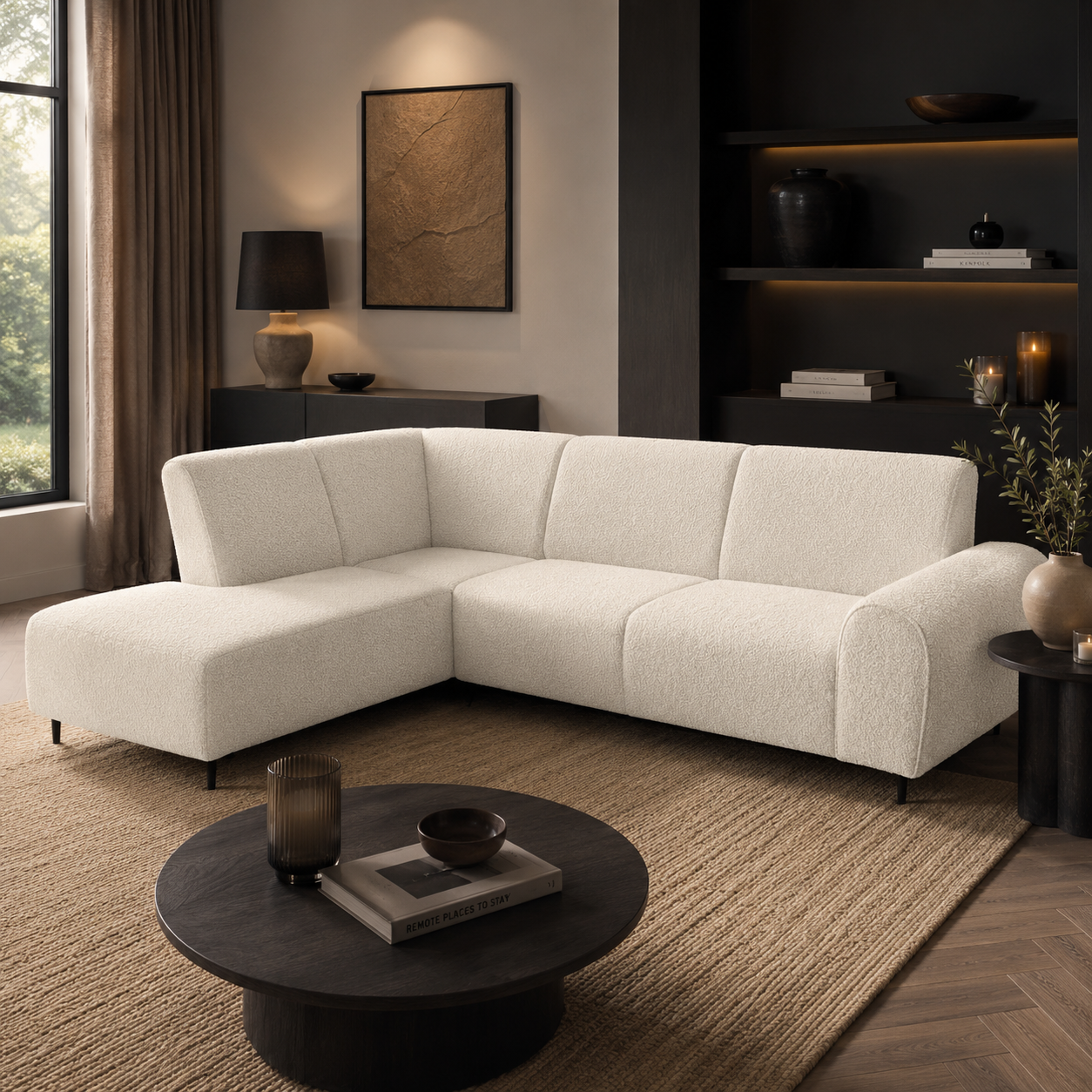 SHOWROOMMODEL Hoekbank Teddystof Creme - Stijvolle hoekbank geschikt voor iedere woonkamer - Dallas (Stevig opnieuw verpakking / Kans op Gebruikssporen)