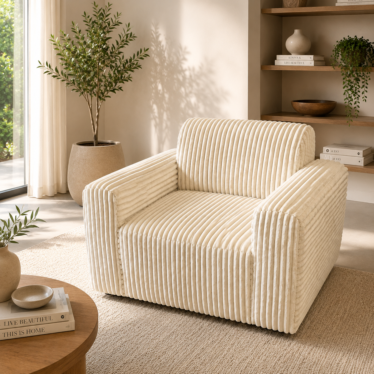 SHOWROOMMODEL Fauteuil Ribstof Crème / Beige - Comfortabele Zitstoel - Helsinki (Stevig opnieuw verpakking / Kans op Gebruikssporen)