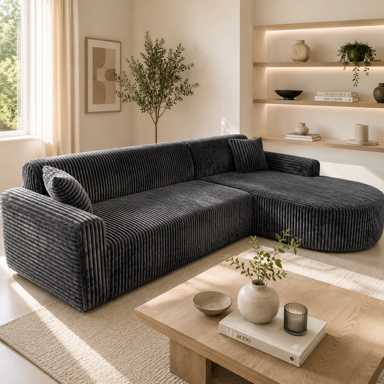 SHOWROOMMODEL Hoekbank Ribstof Antraciet - Comfortabele Hoekbank - Helsinki (Stevig opnieuw verpakking / Kans op Gebruikssporen)
