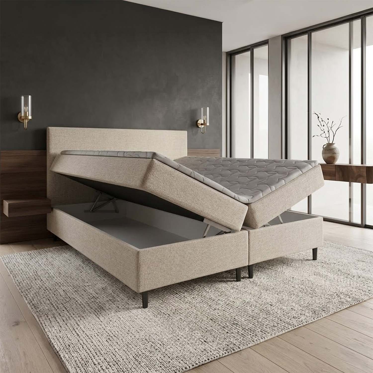 RETOURDEAL Opbergboxspring 140 x 200 - Stof Beige | Hoofdbord Basic incl. GRATIS topmatras (Niet in originele verpakking + Stofschade aanwezig)
