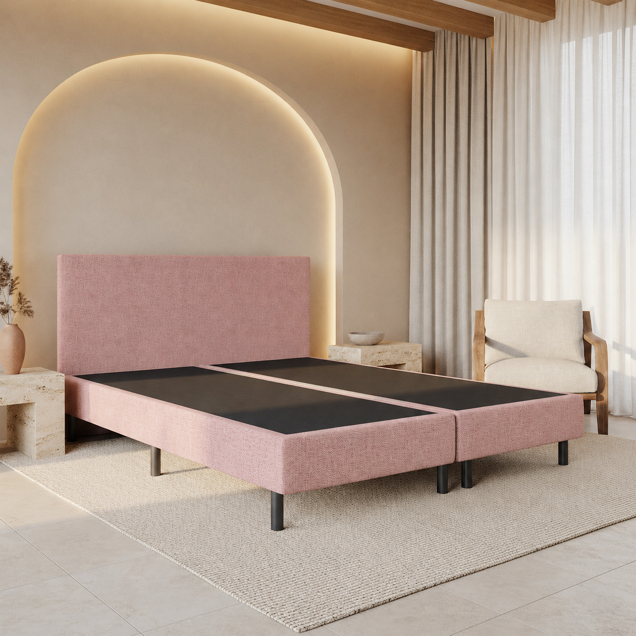 RETOURDEAL Boxspring 140 x 200 - Stof Oud Roze | Hoofdbord Basic - Incl. Pocketboxen 20 cm - Zonder matras (Niet in originele verpakking + Schade aanwezig)