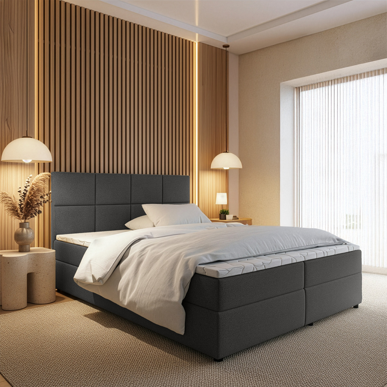 RETOURDEAL Opbergboxspring 180 x 210 - Stof Antraciet | Hoofdbord Levi (Niet in originele verpakking + Stofschade aanwezig)