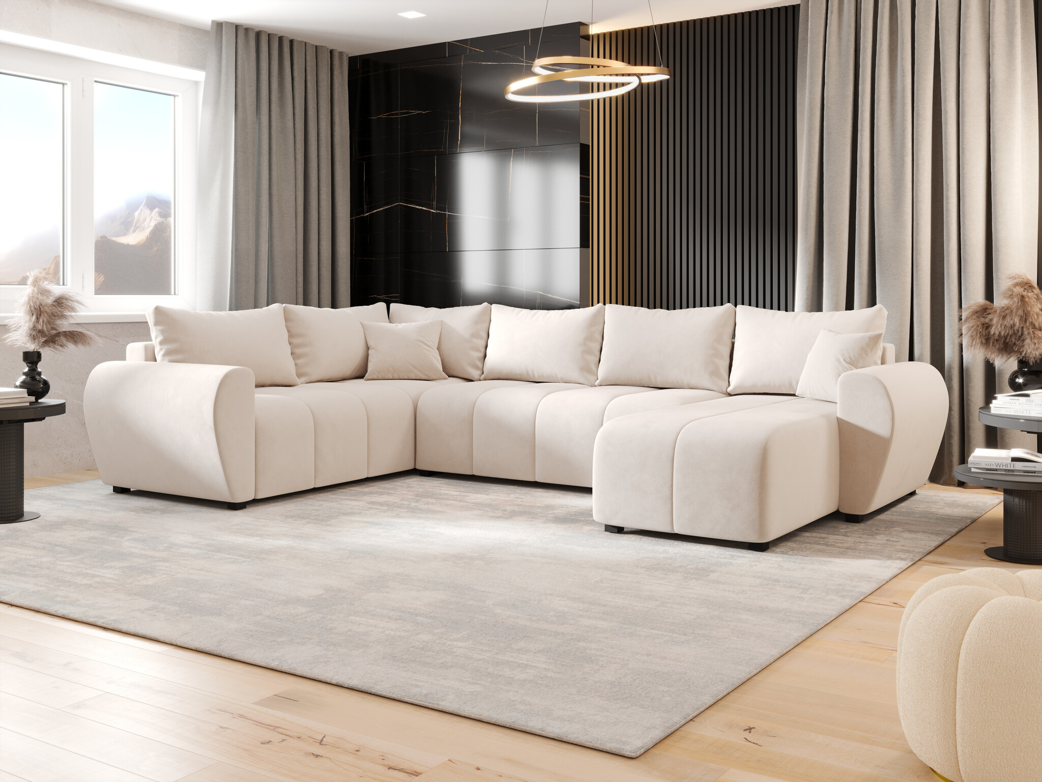 RETOURDEAL U-bank Stof Beige | Slaapbank met opbergruimte - Max U-XL (Niet in originele verpakking / Stofschade & vlekken aanwezig)