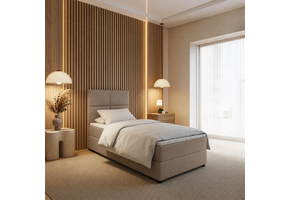 RETOURDEAL Opbergboxspring 90 x 200 - Stof Taupe | GRATIS TOPPER - Hoofdbord Levi - Gat in opslagruimte (Niet in originele verpakking + Stofschade aanwezig)