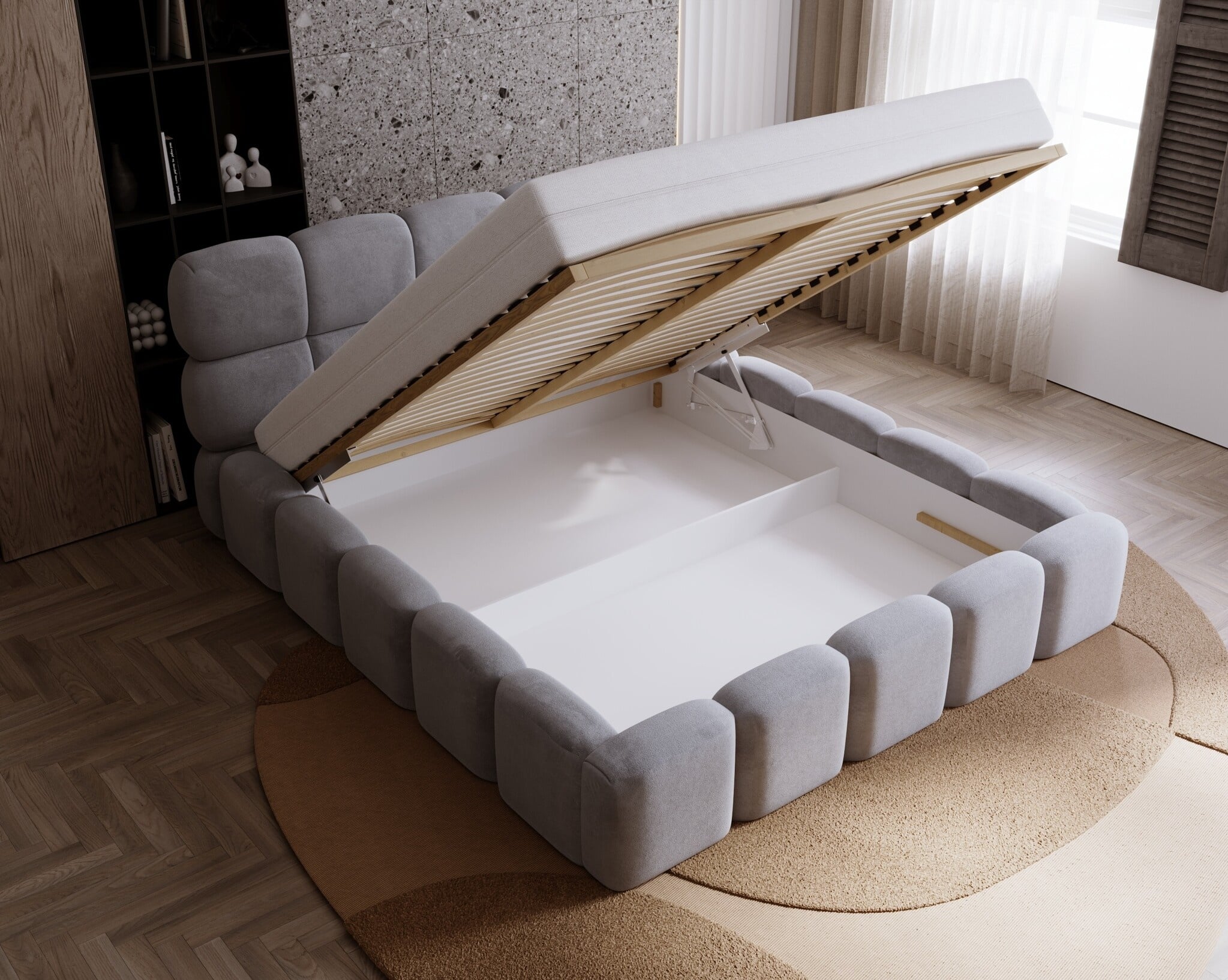 ACTIE Opbergbed 200 x 200 - Stof Antraciet | Como - Zonder Matras + incl. Gasdrukvering