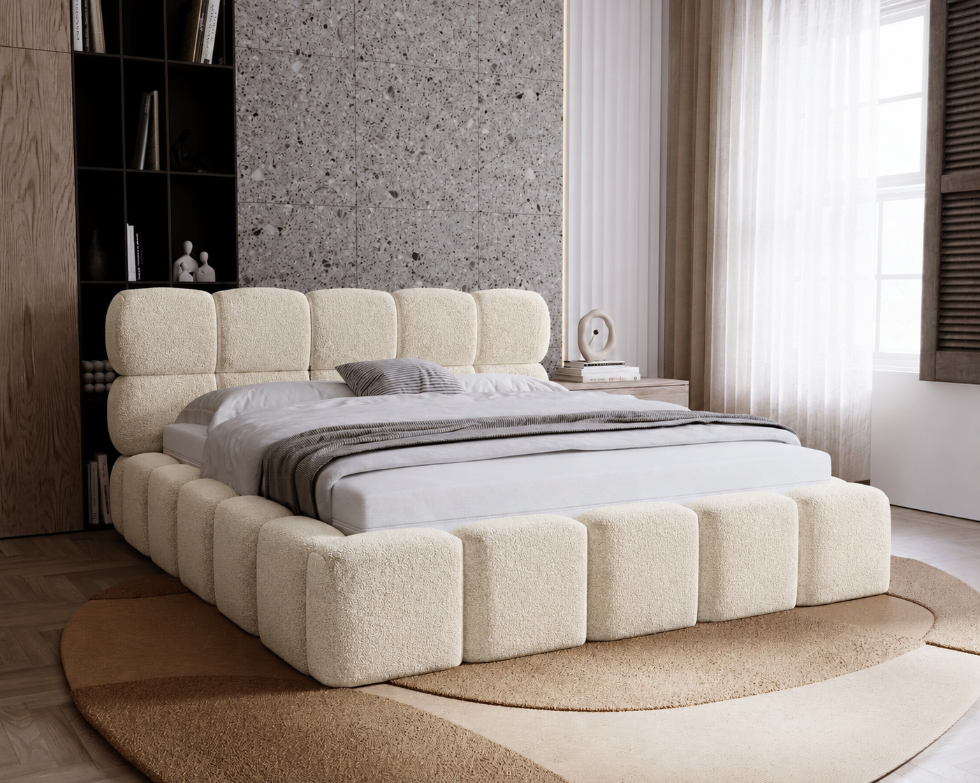 ACTIE Opbergbed 180 x 200 - Teddy stof Ecru | Como - Zonder Matras + Metaal incl. Gasdrukveren