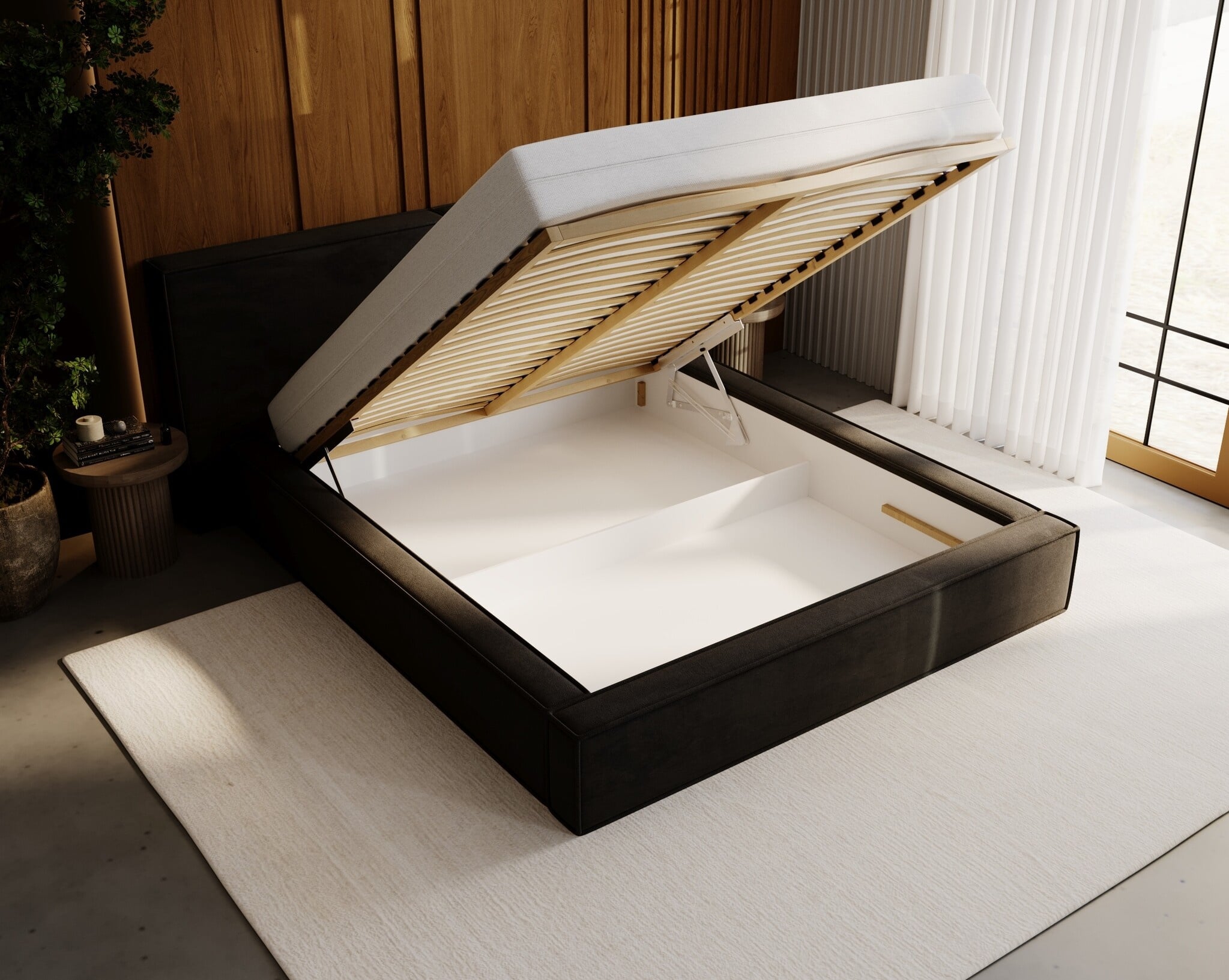 ACTIE Opbergbed 180 x 200 - Suede-look Zwart | Kaila - Zonder Matras + Metaal incl. gasdrukveren