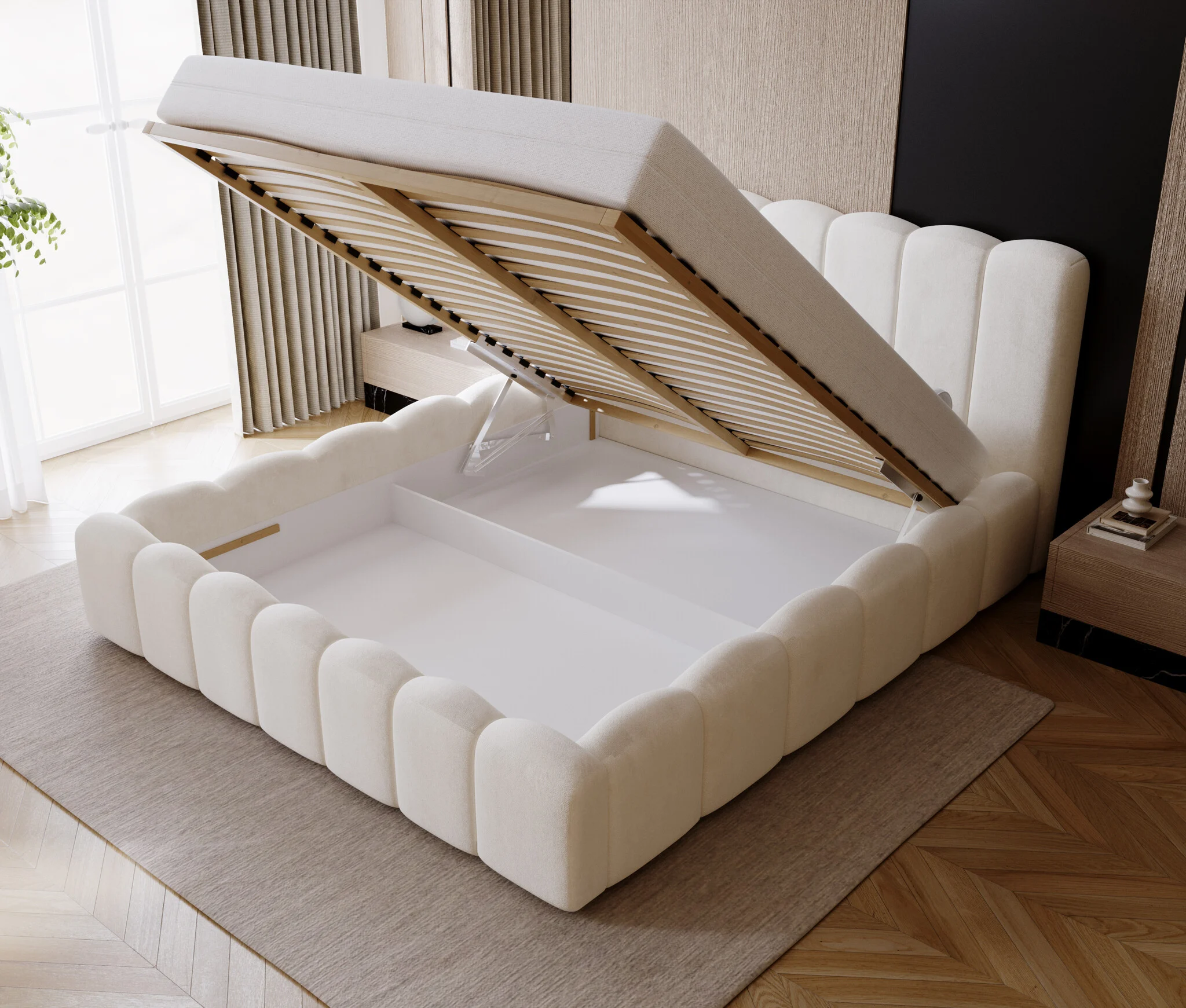 ACTIEDEAL Opbergbed 200 x 200 - Velvet Creme | Incl. Pocket Hybride Matras + Gasdrukveren