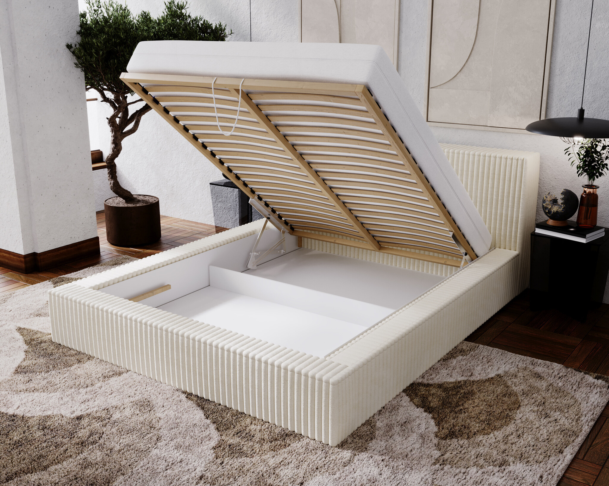 ACTIEDEAL Opbergbed 200 x 200 - Ribstof Beige | Zonder Matras