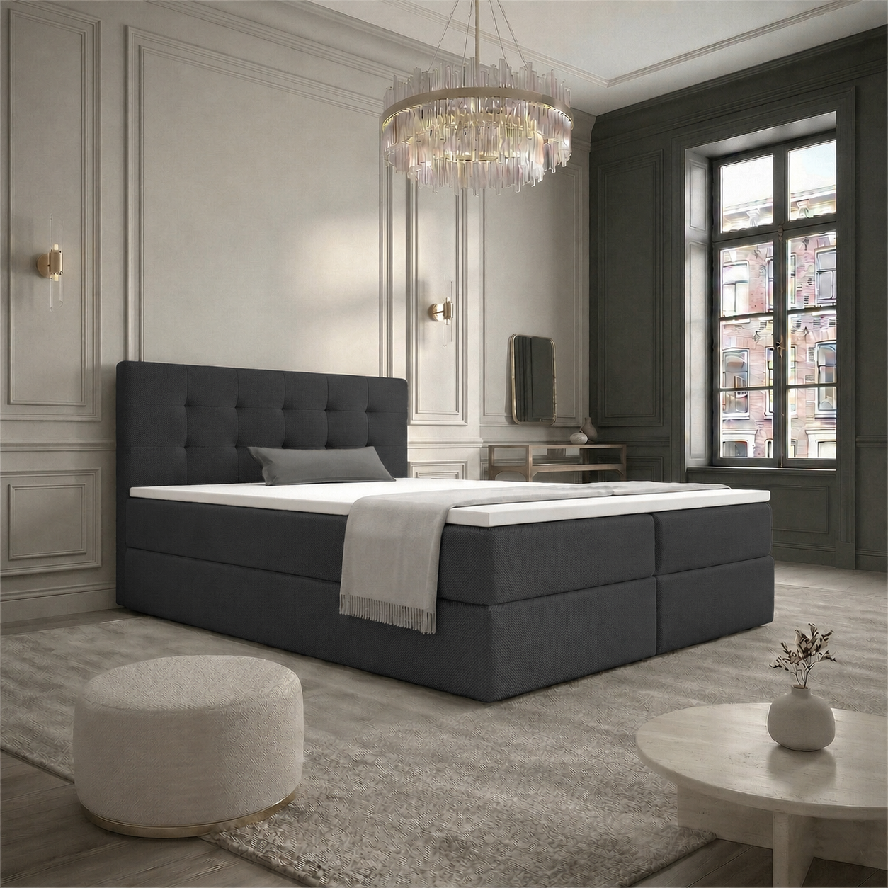 RETOURDEAL Opbergboxspring 180 x 200 - Stof Zwart | Hoofdbord Bloss (Stofschade aanwezig)