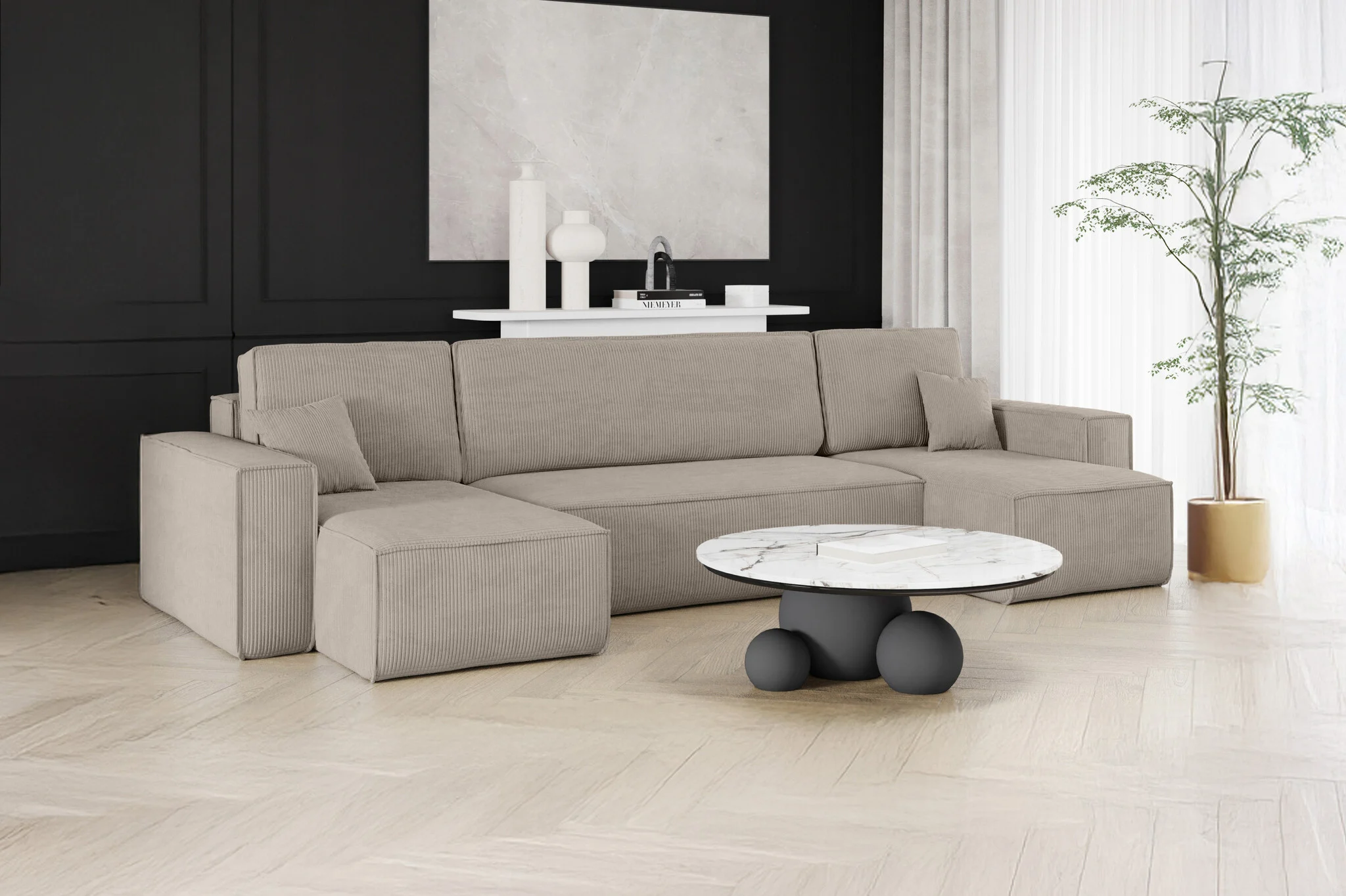 RETOURDEAL U-bank Ribstof Beige - Slaapbank met opbergruimte - Karlo (Kans op schade)