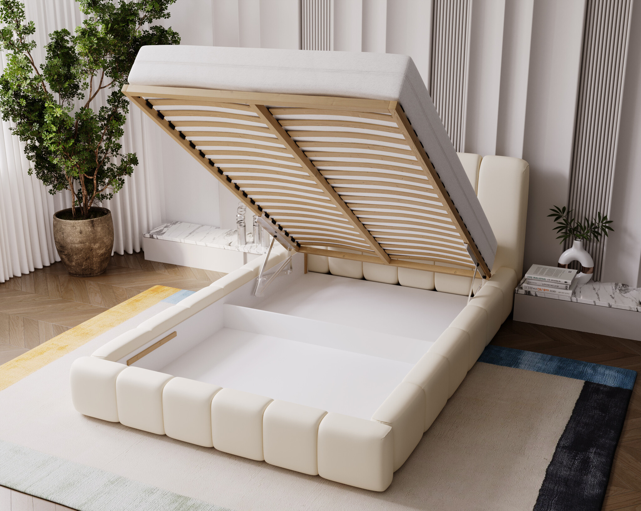 ACTIE Opbergbed 180 x 200 - Teddy stof Creme | Tara - Zonder Matras + Hout incl. mechanische veren